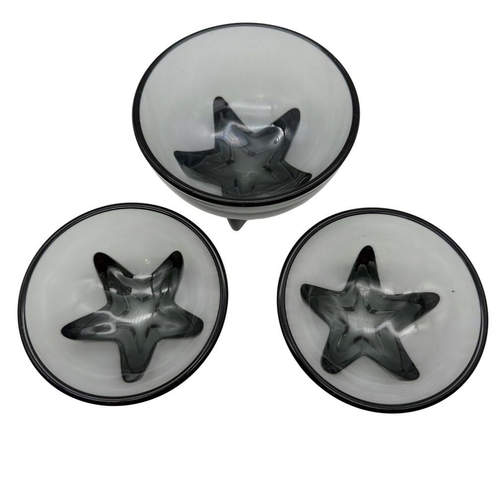 VTG Heisey Smoky Gray Glass lodestar Footed Bowls Set of 3 Mid Century Modern